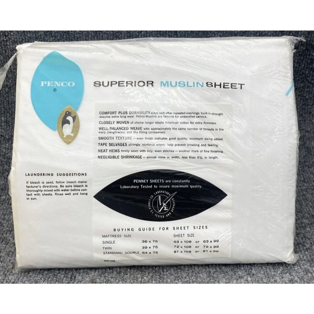 vintage Penney’s Penco Superior Muslin Sheet White Double Bed 81x108 NOS